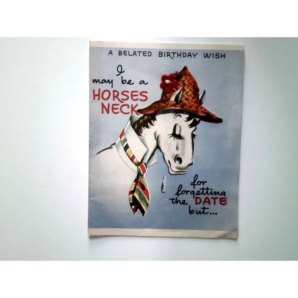 Vintage 1940s 1950s Belated Birthday Card Horse Butcher Comic USA